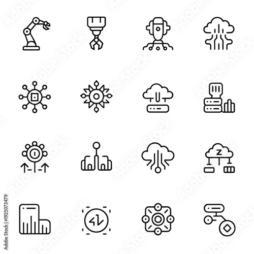Set of industrial automation icons including robot arm server cloud and data visualization elements