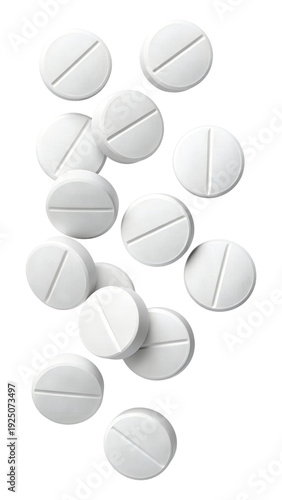 Falling white round tablets isolated on transparent background