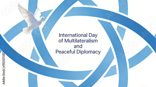 The blue interwoven ring and peace dove represent the vision of multilateral cooperation and peaceful diplomacy, as well as the promotional scene for International Day on April 24th.
