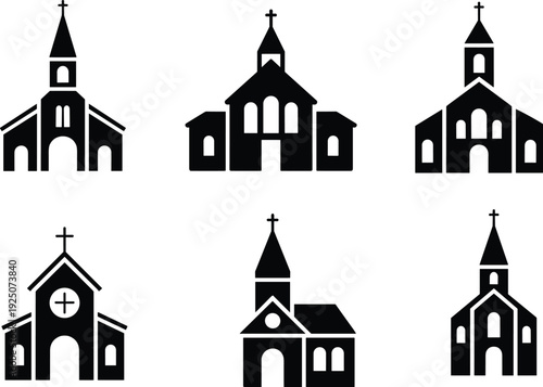 Black silhouette church building icons set with steeples crosses arches windows various Christian chapel designs religion architecture vector illustration collection.