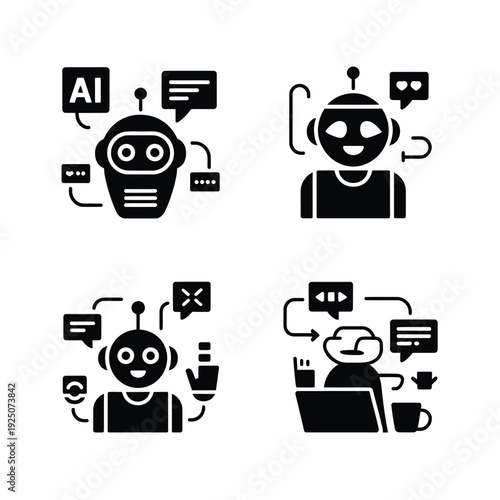 Icon set depicting artificial intelligence chatbots and robotic communication interfaces