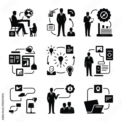 Business icons depicting teamwork strategy planning and various office related activities