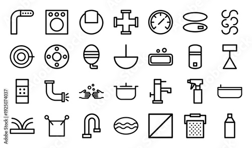 Plumbing and bathroom maintenance line art elements for service branding. Professional monoline pictograms featuring water fixtures, pipes, and repair tools.