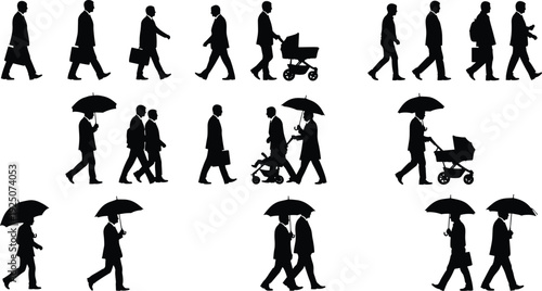 businessman, silhouette, walking, umbrella, briefcase, stroller, corporate, professional, office, manager, 