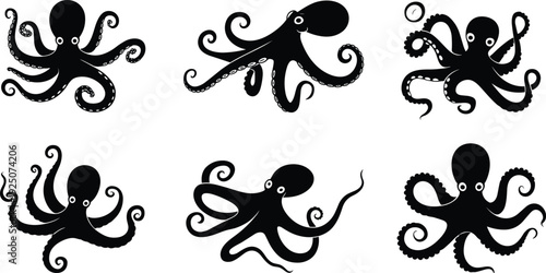 Octopus silhouette collection with various swimming poses, black sea creature icons set isolated on white background, cad drawing flat vector illustration, marine life.