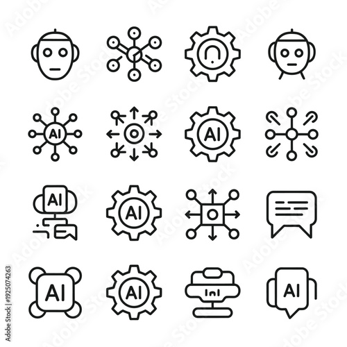 Set of minimalist icons related to artificial intelligence networks and technological concepts