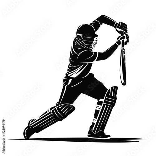 Silhouette of a cricket player batting poised in a dynamic action stance with equipment