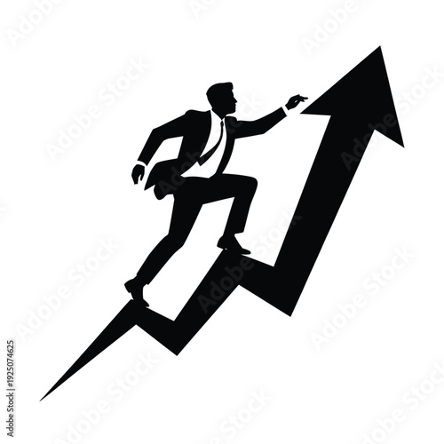 Silhouette of a businessman climbing an upward trending arrow symbolizing growth and success