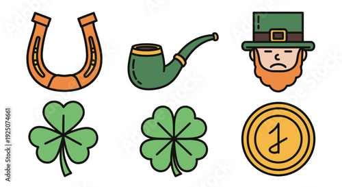 St. Patrick's Day Icon Set with Horseshoe, Smoking Pipe, and Gold Coin