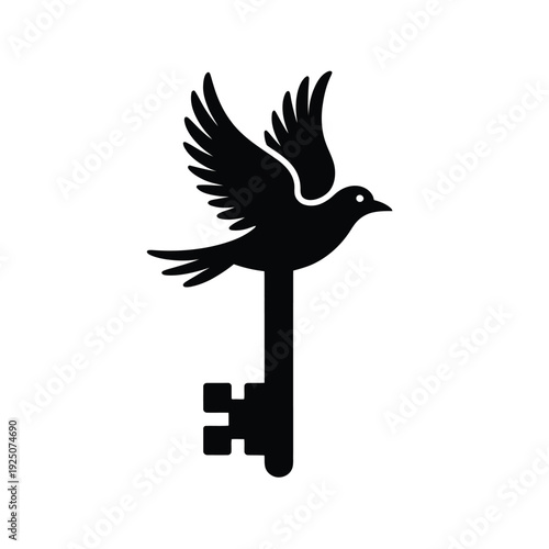 Black silhouette of a bird perched atop a key symbolizing freedom and unlocking potential