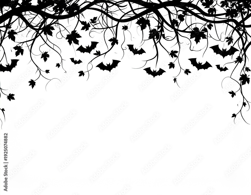 Fototapeta premium Silhouette of Bats and Branches - A Spooky Halloween-Themed Illustration on White Background.