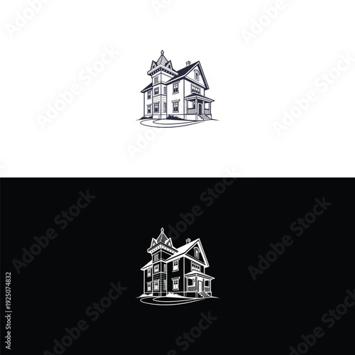 A beautifully rendered black and white illustration highlights the intricate details and classic charm of a grand Victorian-style house, featuring a distinctive turret and wrap-around porch.