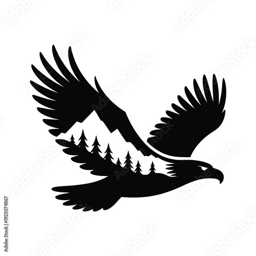 Silhouette of an eagle in flight with a mountain and forest landscape within its wings