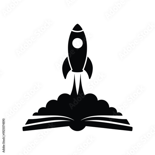 A black silhouette of a rocket launching upwards from an open book symbolizing knowledge and