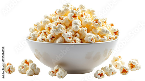 A large white bowl filled with freshly popped popcorn spilling over the edges isolated on transparent background