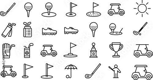Golf sport line icons set club ball tee flag cart glove bag shoes trophy umbrella player elements black outline vector illustration collection.
