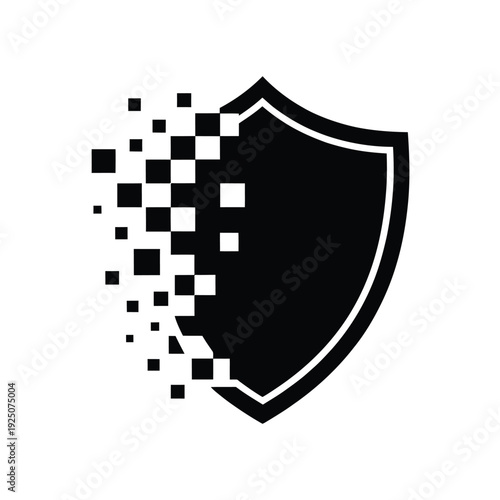 Black shield icon with digital disintegration effect representing security and data protection