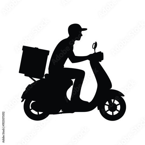 Silhouette of a delivery person riding a scooter with a box side profile view