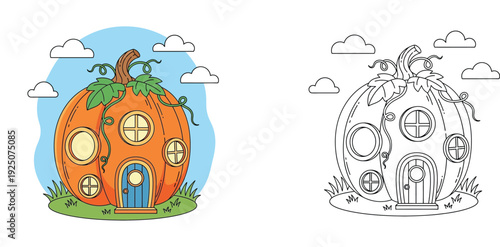 Hand Drawn Pumpkin Fairy Tale House Illustration with Black and White Line Art Version for Coloring Book, Autumn Season Pumpkin Home Vector for Kids Activities and Halloween Decor
