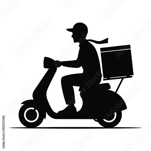 Delivery person riding a scooter with a box simple silhouette graphic design