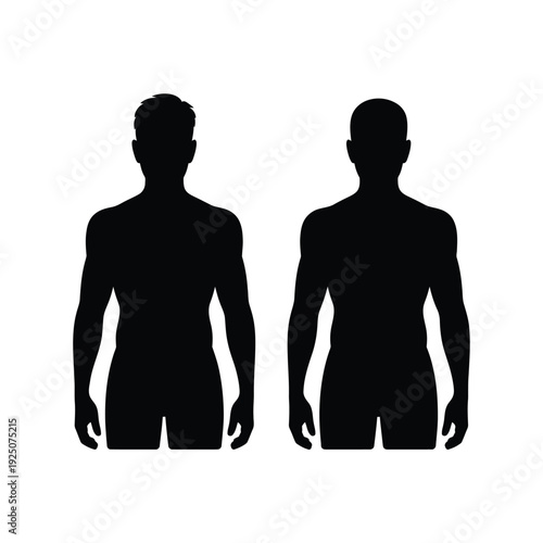 Two silhouetted male figures standing side by side minimalist black and white vector illustration