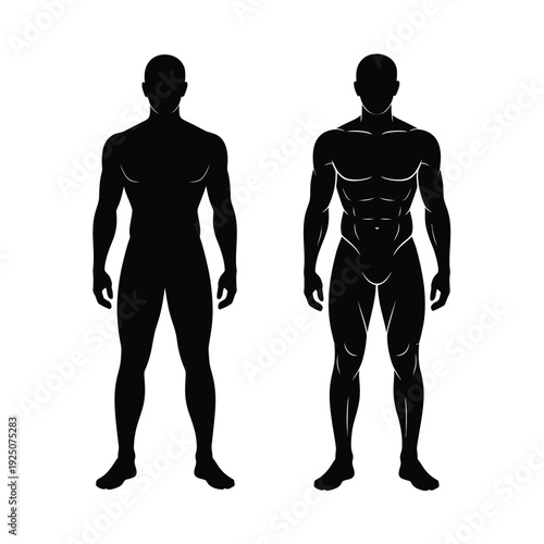 Silhouette illustration depicting two male figures one with a leaner build and the other muscular