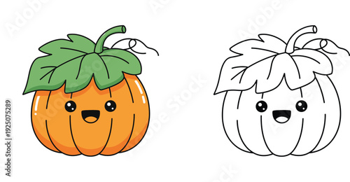 Cute Kawaii Pumpkin Illustration and Coloring Page Set - Hand Drawn Autumn Harvest Vegetable Character for Halloween and Thanksgiving - Vector Clipart for Kids Activities