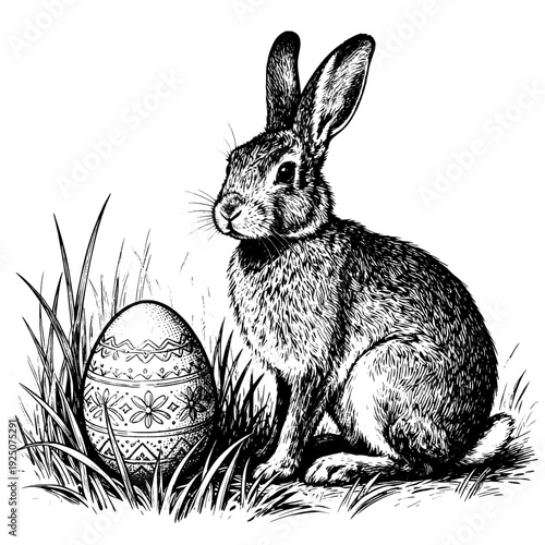 Antique rabbit hare and easter egg etching illustration for vintage spring holiday