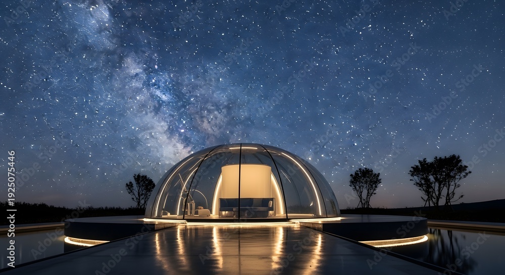 Fototapeta premium Futuristic transparent geodesic dome illuminated at night providing a luxurious stargazing experience under the milky way