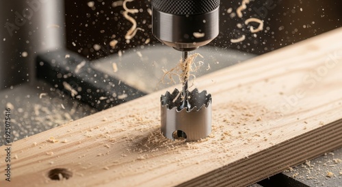 Cnc router drilling a precise hole into a wooden surface with fine dust particles