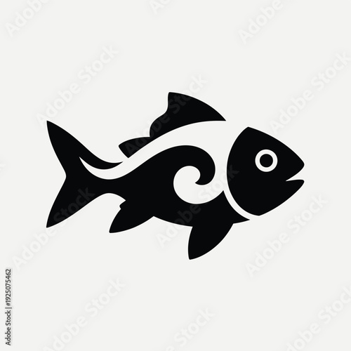 Stylized black fish icon with flowing wave design on a clean white background