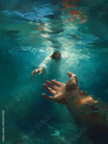 Miraculous Scene of Jesus Reaching Down into Deep Emerald Waves