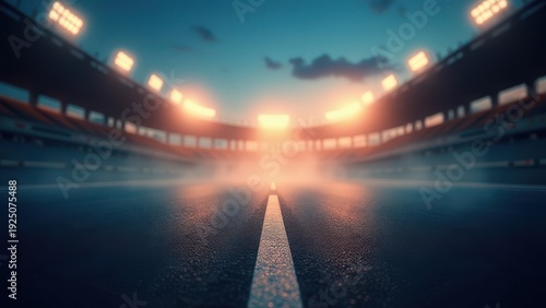 bokeh motion photo of stadium asphalt road with smoke haze front view dark blue and orange background concept of sports marketing, automotive advertising, event promotion