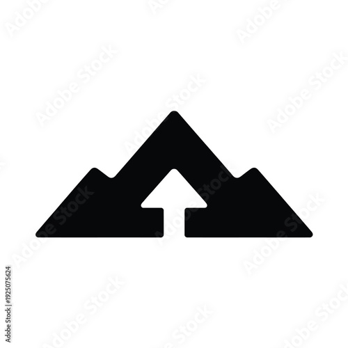 Simple black silhouette of mountains with a white arrow pointing upwards minimalist design