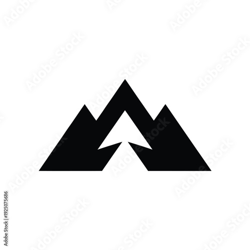 Abstract black mountain range logo with a white arrow pointing upwards minimalist design