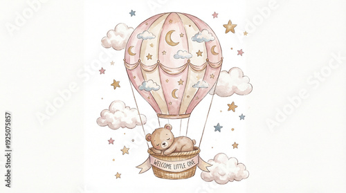 Cute teddy bear in hot air balloon, baby shower illustration