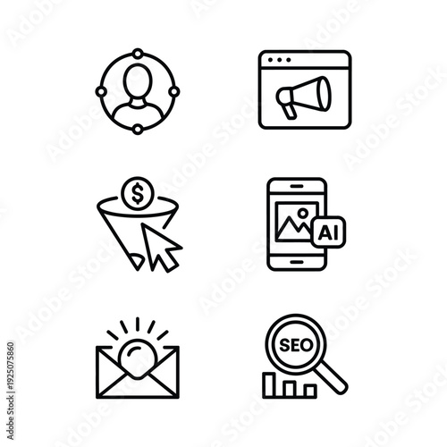 AI marketing icons illustration showing campaign analytics target audience click rate conversion funnel social media, intern, junior professional, analyst, team lead, manager, director, vice president