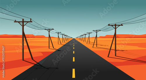 Stylized vector illustration of a desert road with telephone poles under a vibrant sky