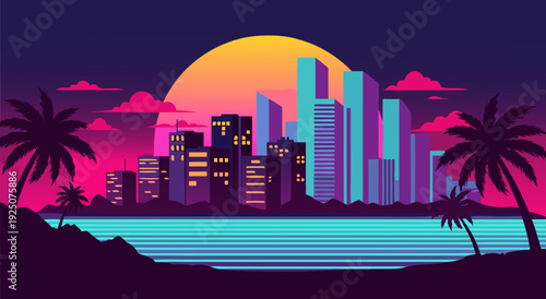 Vibrant vector illustration of tropical cityscape at sunset with palm trees and water