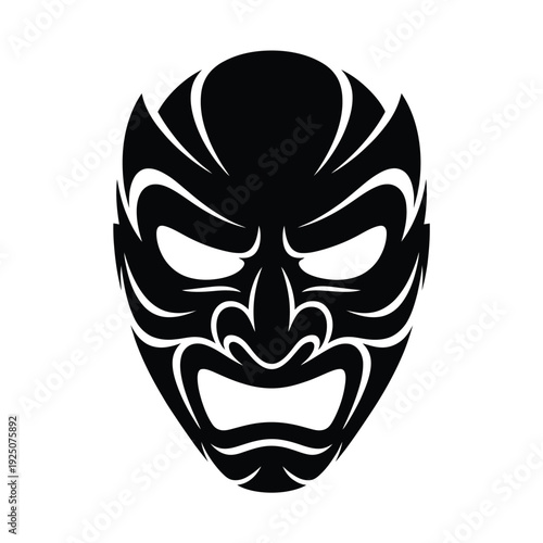 Stylized black mask design featuring fierce facial features and intricate line work