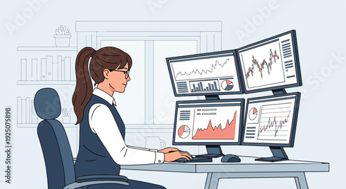 Professional female stock market trader analyzing financial data and charts on multiple computer screens in an office, managing investments and business strategy.