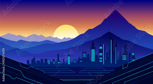 Futuristic vector illustration of teal city skyline beneath purple gradient moonlit mountains