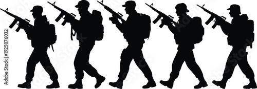 Silhouette of marching soldiers in uniform with rifles and backpacks, infantry patrol formation, military troops walking in line vector illustration.