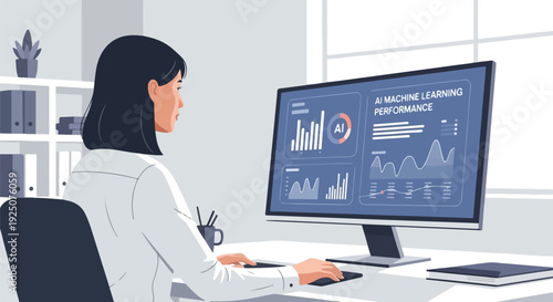Woman working on computer with machine learning performance dashboard and data visualization graphs on screen