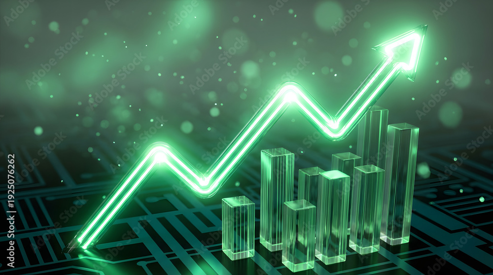 Naklejka premium Neon green rising financial line with arrow over dark glossy grid and glass volume bars, cinematic futuristic lighting, depth of field. AI Generated.