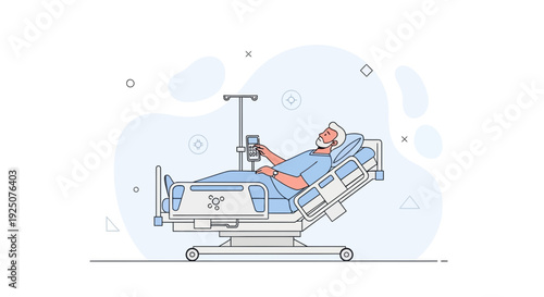 Elderly Man in Hospital Bed with IV Drip and Monitor