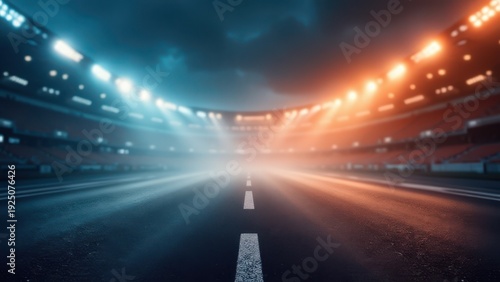 bokeh motion photo of stadium asphalt road with smoke haze front view dark blue and orange background concept of sports marketing, automotive advertising, event promotion