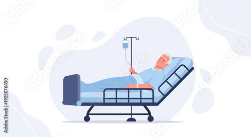 Elderly Patient Lying in Hospital Bed with IV Drip, Recovery Concept Illustration
