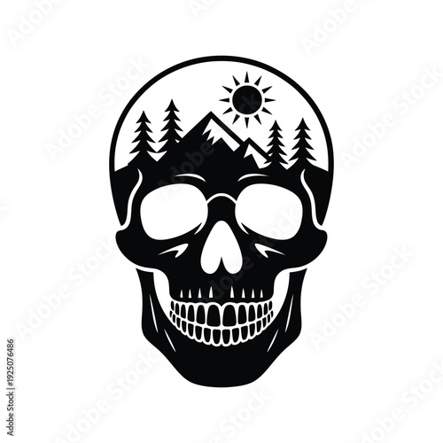 Skull silhouette contains a mountain landscape with trees and a bright sun shining above