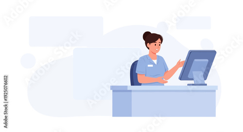 Healthcare professional at reception desk using computer, modern clinic interior